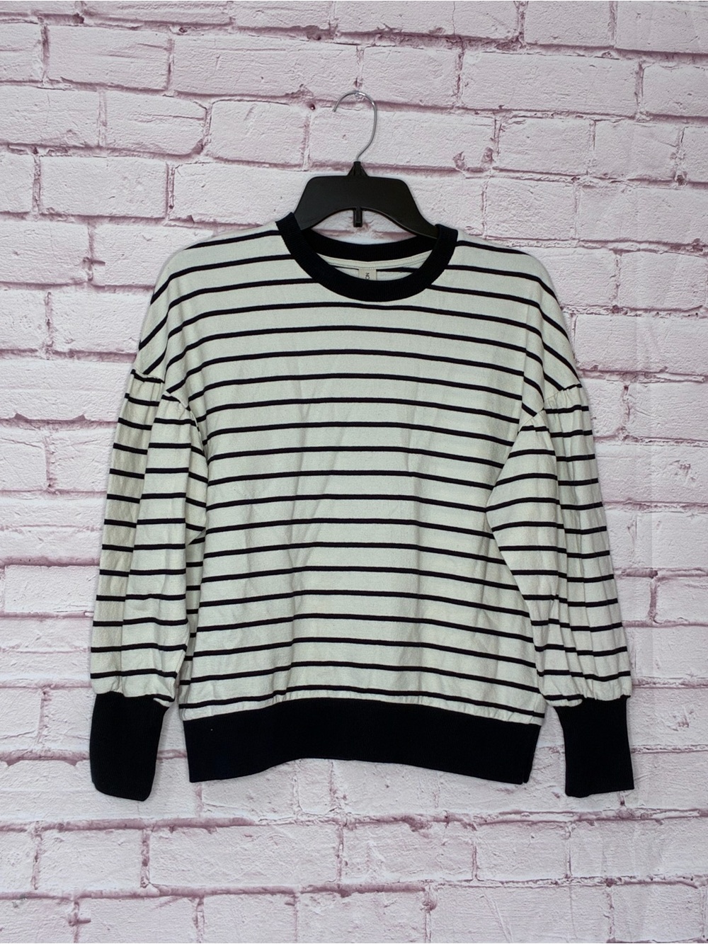 Kids on the Moon Puffed Striped Sweatshirt Navy/Cream EUC Size 12 - Picture 3 of 8